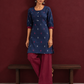Navy Blue Cotton Co-Ord Set with Maroon Contrast Cuffs and Scoop Neckline Piping and maroon Farshi pants — side view