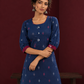 Navy Blue Cotton Co-Ord Set with Maroon Contrast Cuffs and Scoop Neckline Piping and maroon Farshi pants — styled view