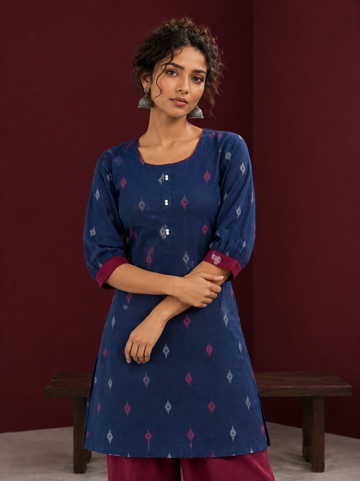 Navy Blue Cotton Co-Ord Set with Maroon Contrast Cuffs and Scoop Neckline Piping and maroon Farshi pants — styled view