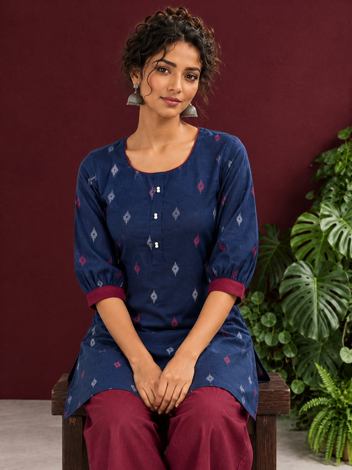 Navy Blue Cotton Co-Ord Set with Maroon Contrast Cuffs and Scoop Neckline Piping and maroon Farshi pants — seated detail