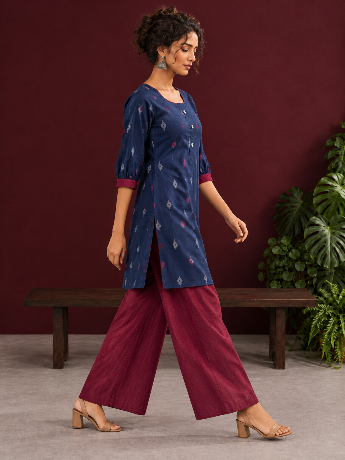Navy Blue Cotton Co-Ord Set with Maroon Contrast Cuffs and Scoop Neckline Piping and maroon Farshi pants — in motion
