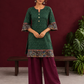 Bottle Green Ikat Cotton Co-Ord Set with Kalamkari Peacock Print Border on Sleeves and Hem with Maroon Farshi Co — front view