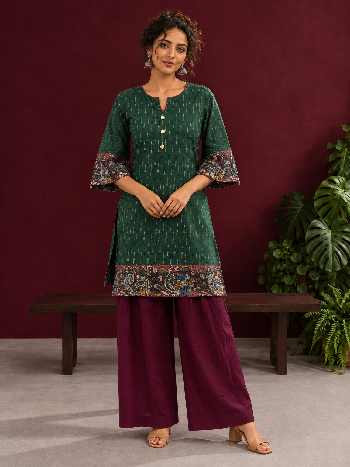 Bottle Green Ikat Cotton Co-Ord Set with Kalamkari Peacock Print Border on Sleeves and Hem with Maroon Farshi Co — front view