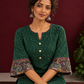 Bottle Green Ikat Cotton Co-Ord Set with Kalamkari Peacock Print Border on Sleeves and Hem with Maroon Farshi — seated detail