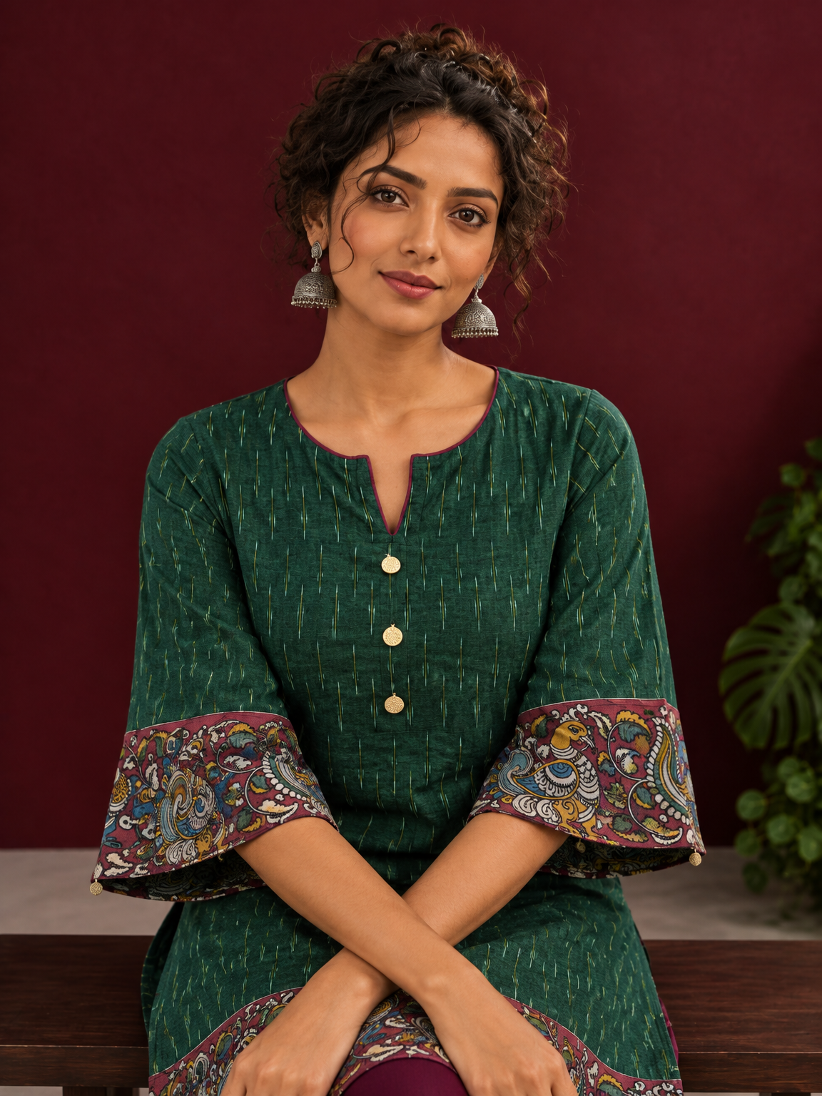 Bottle Green Ikat Cotton Co-Ord Set with Kalamkari Peacock Print Border on Sleeves and Hem with Maroon Farshi — seated detail