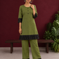 Elegant Olive Green Cotton Co-Ord Set with Contrast Black Floral Lace Hem and Cuffs with Straight olive pants an — front view