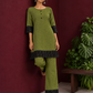 Elegant Olive Green Cotton Co-Ord Set with Contrast Black Floral Lace Hem and Cuffs with Straight olive pants and — side view
