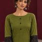 Elegant Olive Green Cotton Co-Ord Set with Contrast Black Floral Lace Hem and Cuffs with Straight olive pants — fabric detail