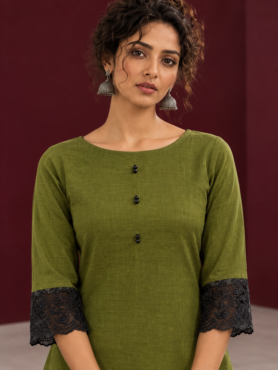 Elegant Olive Green Cotton Co-Ord Set with Contrast Black Floral Lace Hem and Cuffs with Straight olive pants — fabric detail
