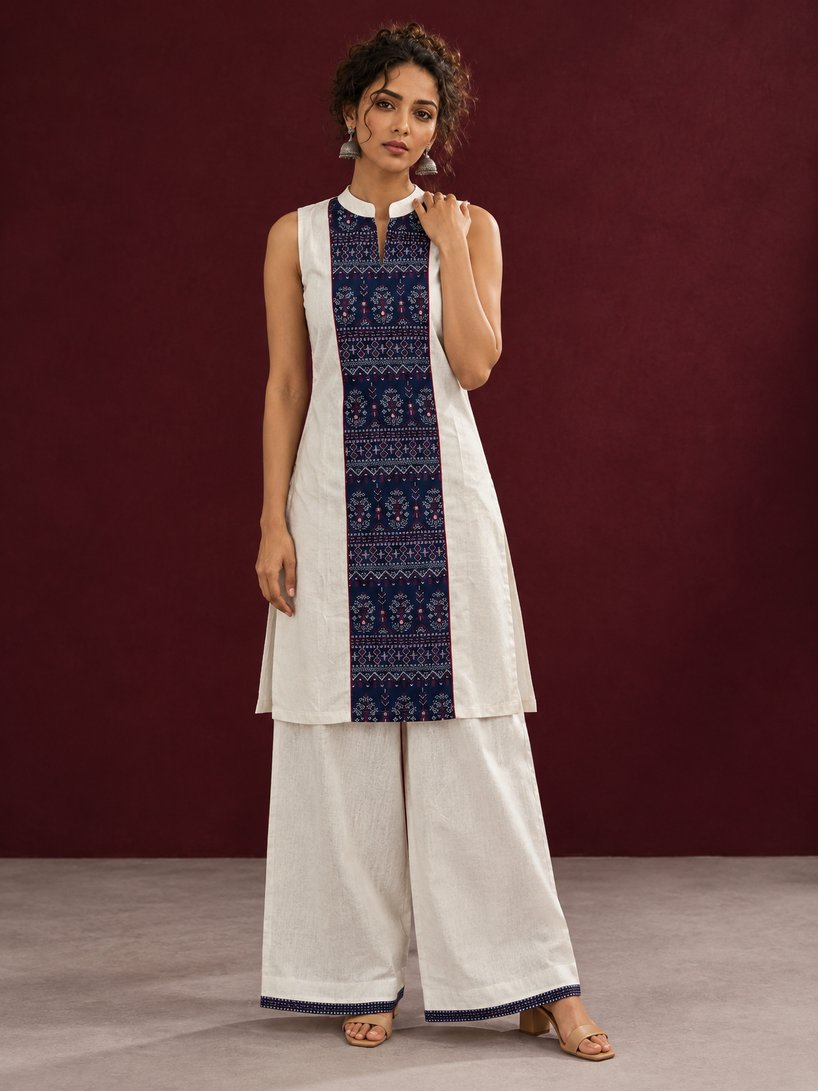 Elegant Off-White Cotton Co-Ord Set with Navy printed Front Panel & Contrast Maroon Piping — front view