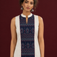 Elegant Off-White Cotton Co-Ord Set with Navy printed Front Panel & Contrast Maroon Piping — styled view
