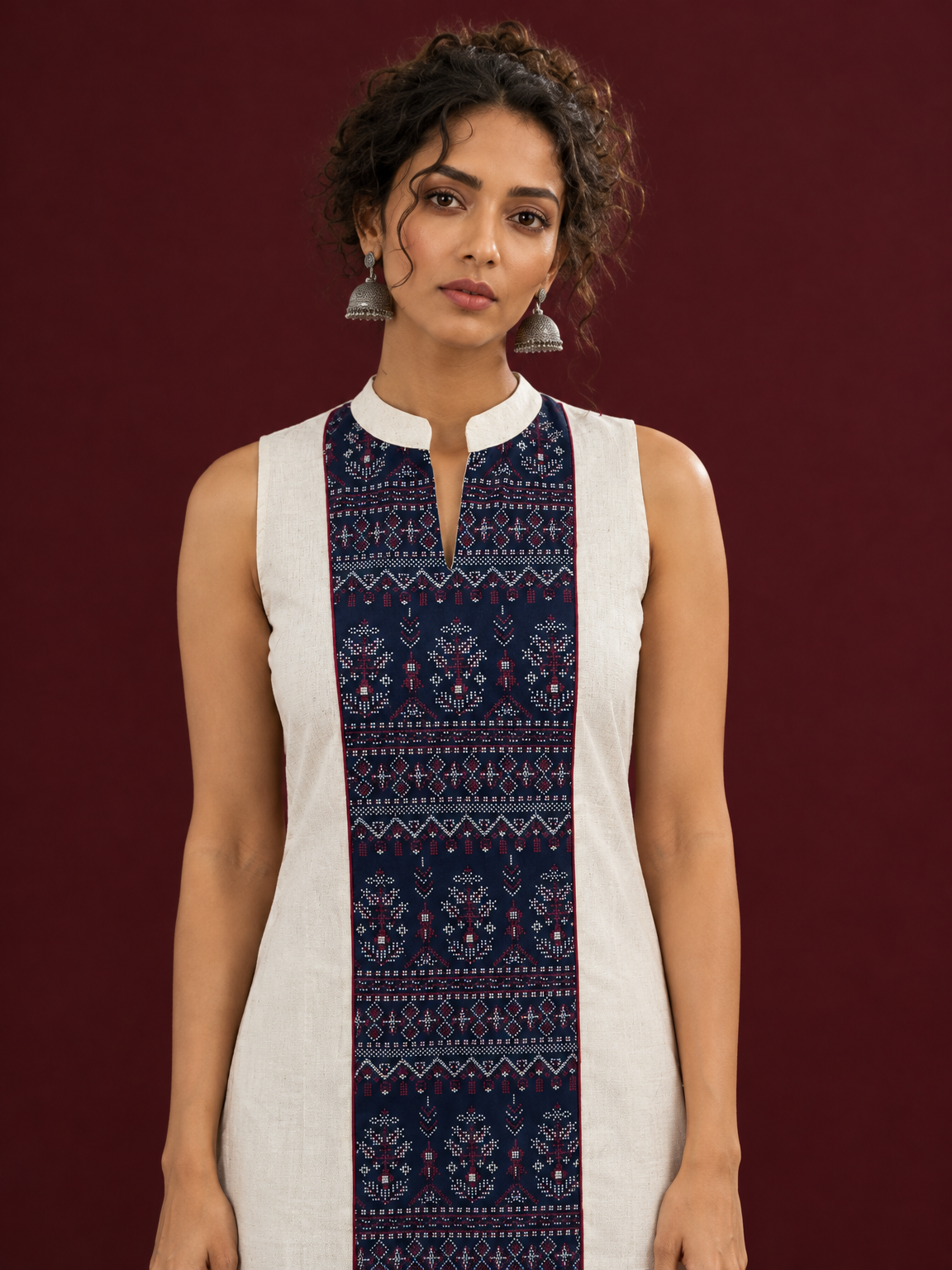 Elegant Off-White Cotton Co-Ord Set with Navy printed Front Panel & Contrast Maroon Piping — styled view