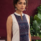 Elegant Off-White Cotton Co-Ord Set with Navy printed Front Panel & Contrast Maroon Piping — fabric detail