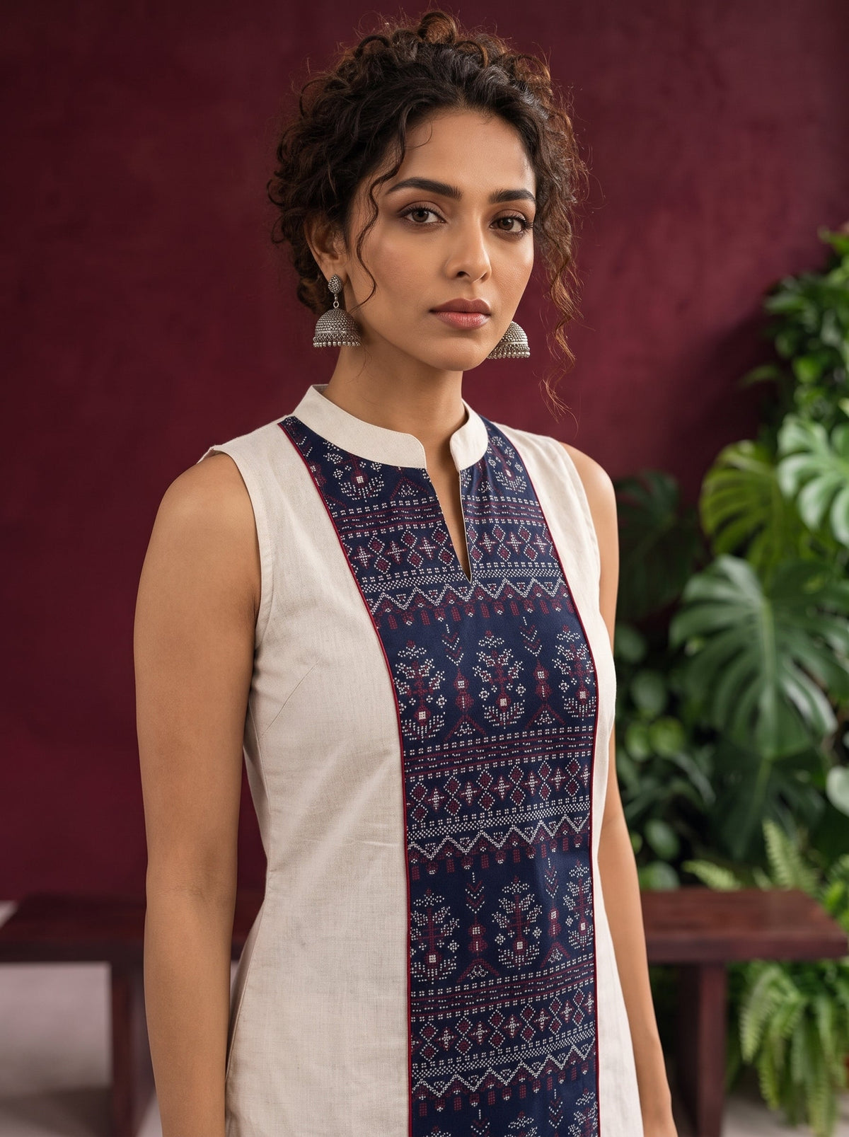 Elegant Off-White Cotton Co-Ord Set with Navy printed Front Panel & Contrast Maroon Piping — fabric detail