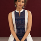 Elegant Off-White Cotton Co-Ord Set with Navy printed Front Panel & Contrast Maroon Piping — seated detail