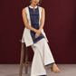 Elegant Off-White Cotton Co-Ord Set with Navy printed Front Panel & Contrast Maroon Piping — seated