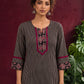 Classic Black & Beige Ajrakh Striped Cotton Co-Ord Set with Ikat Panel Neckline and Maroon Trim Details — fabric detail