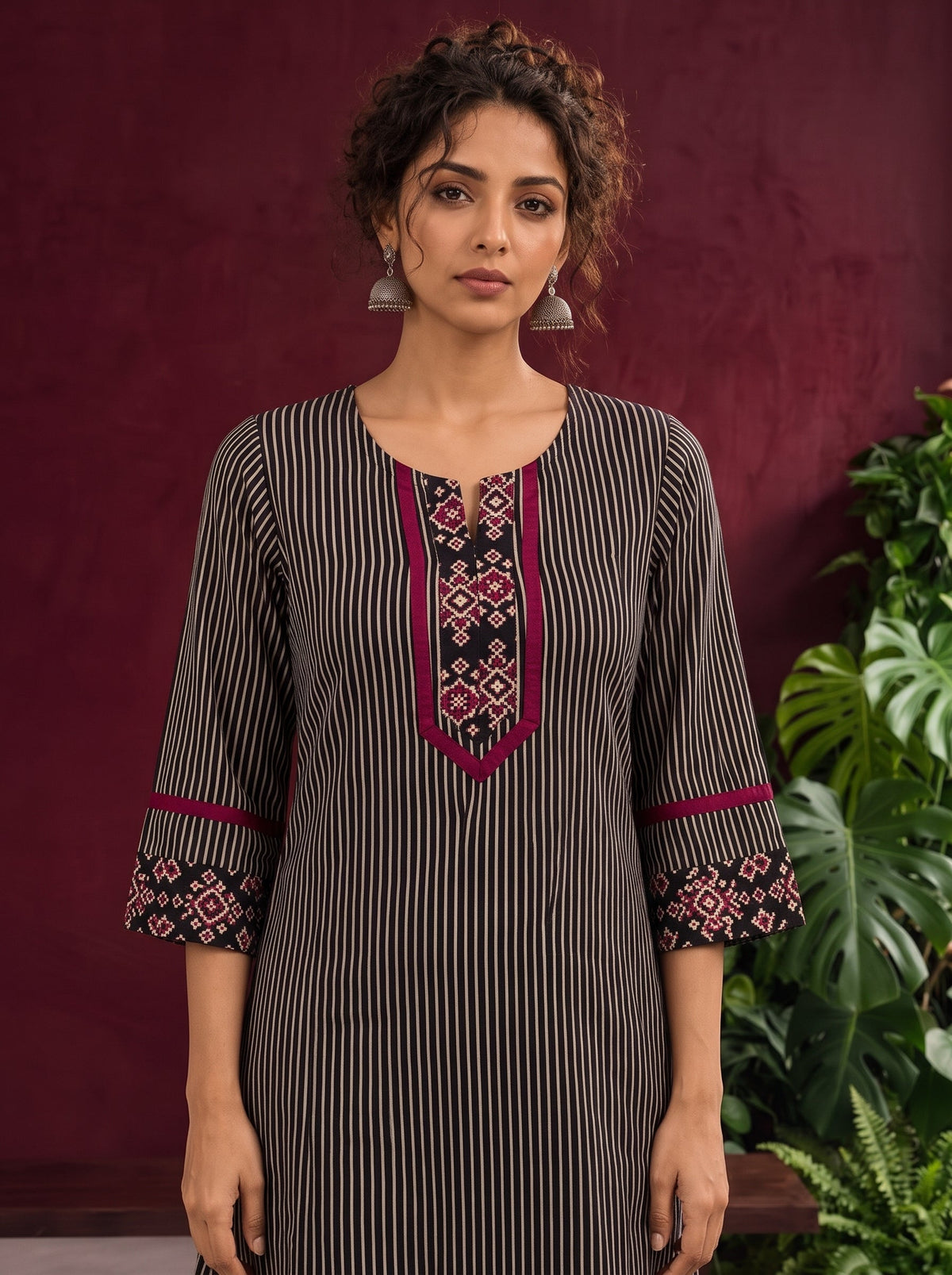 Classic Black & Beige Ajrakh Striped Cotton Co-Ord Set with Ikat Panel Neckline and Maroon Trim Details — fabric detail