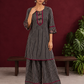 Classic Black & Beige Ajrakh Striped Cotton Co-Ord Set with Ikat Panel Neckline and Maroon Trim Details — front view