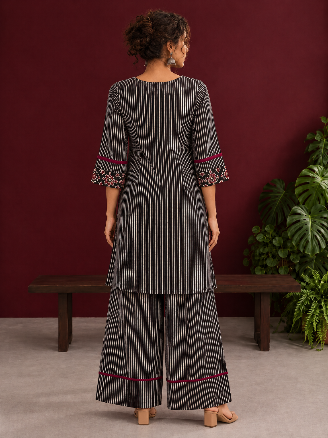 Classic Black & Beige Ajrakh Striped Cotton Co-Ord Set with Ikat Panel Neckline and Maroon Trim Details — back view