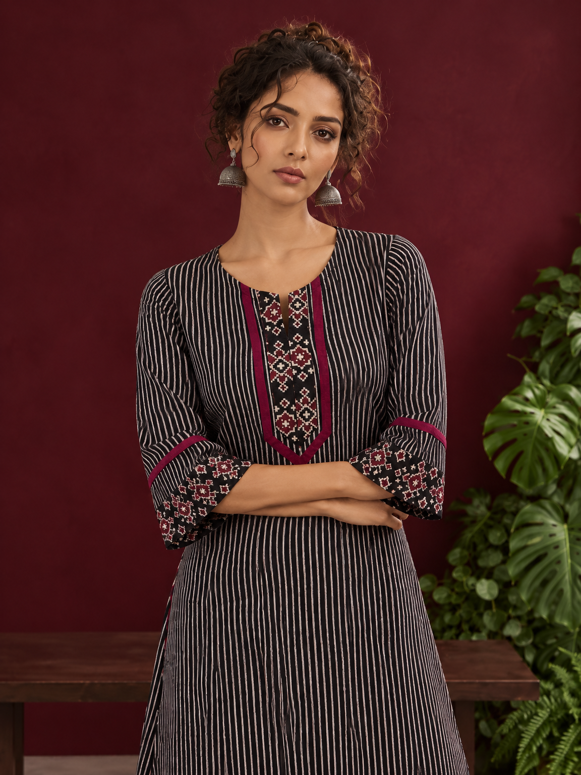 Classic Black & Beige Ajrakh Striped Cotton Co-Ord Set with Ikat Panel Neckline and Maroon Trim Details — styled view