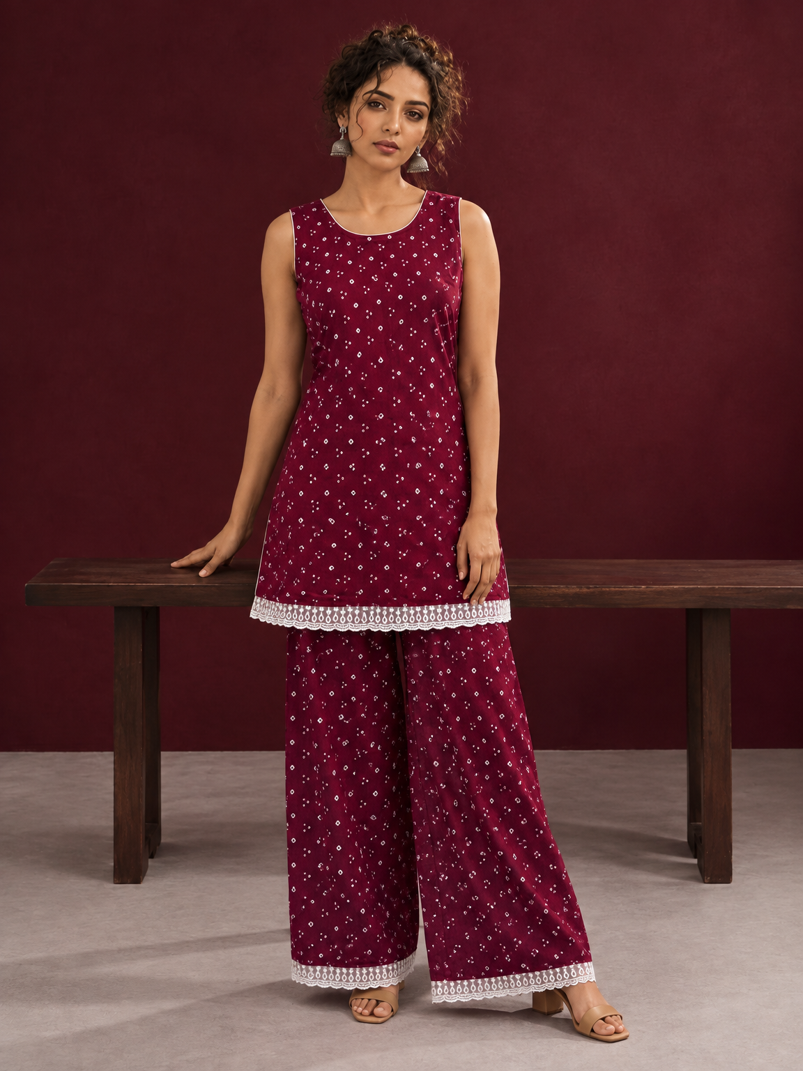 Elegant Maroon Bandhani Print Co-Ord Set with Lace Trim Hem and Scoop Neckline — front view