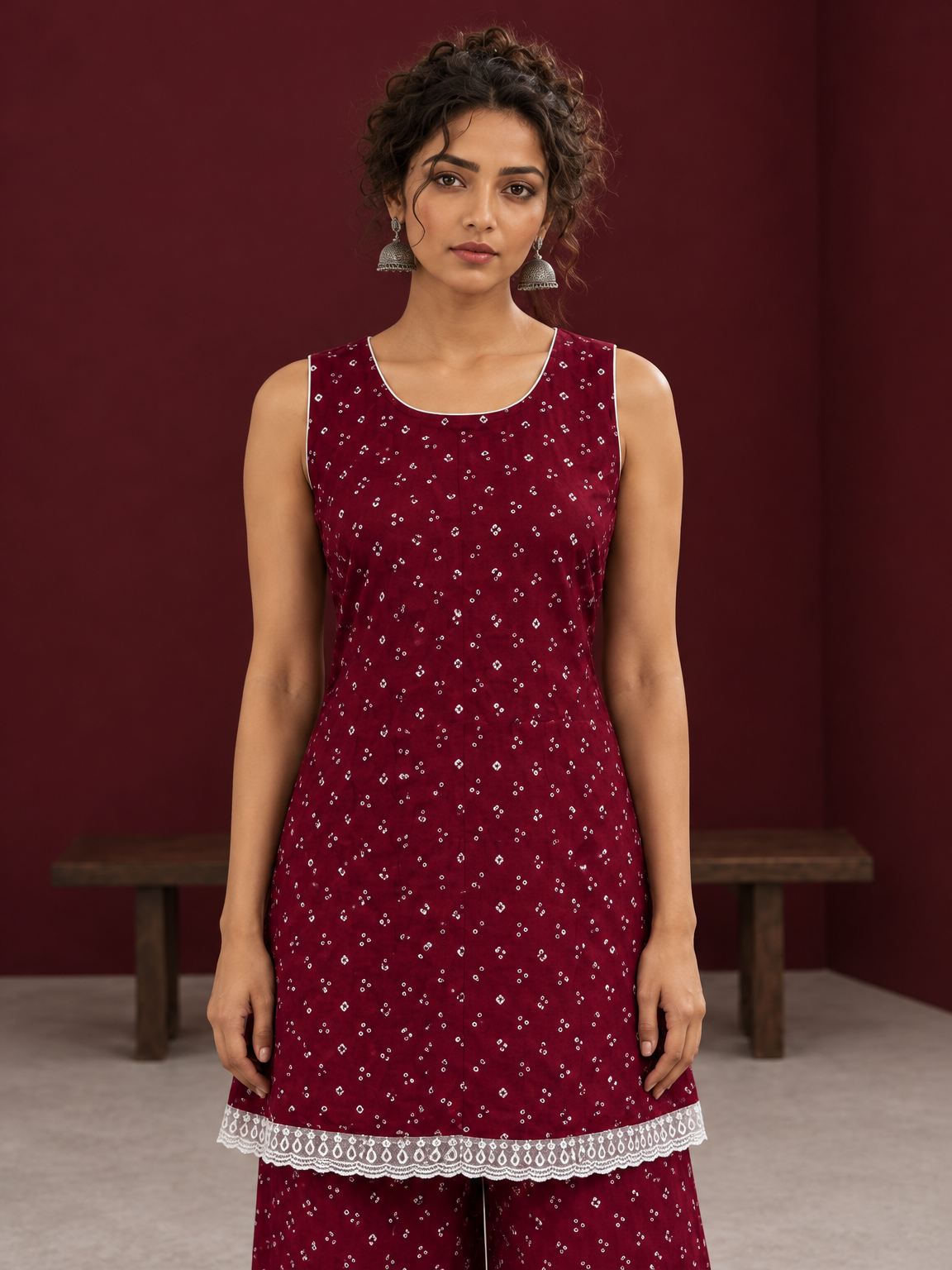 Elegant Maroon Bandhani Print Co-Ord Set with Lace Trim Hem and Scoop Neckline — styled view