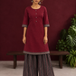Timeless Maroon Ajrakh Cotton Co-Ord Set with Contrast Printed Border Tunic & Matching Geometric Pattern Farshi — front view