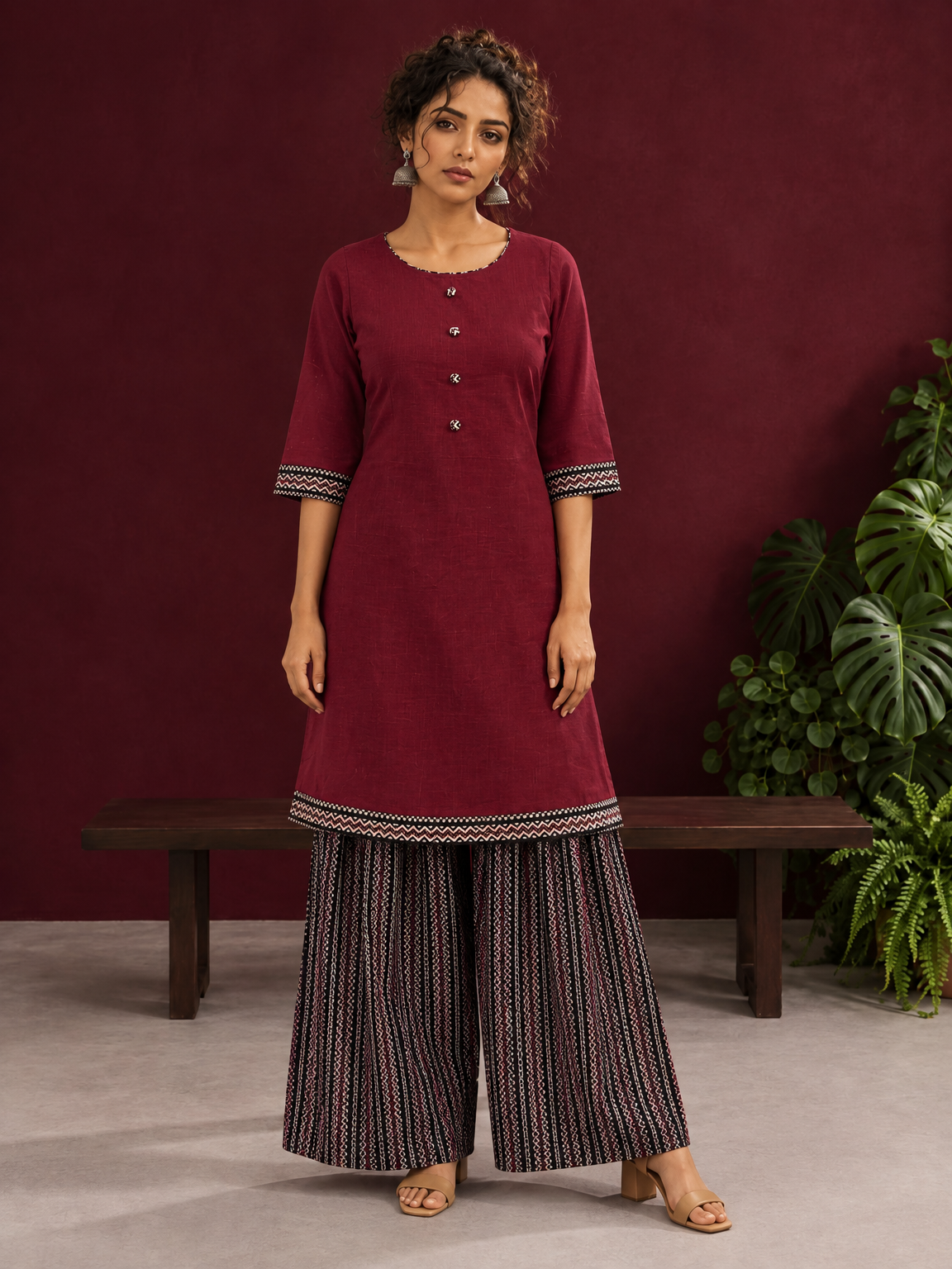 Timeless Maroon Ajrakh Cotton Co-Ord Set with Contrast Printed Border Tunic & Matching Geometric Pattern Farshi — front view