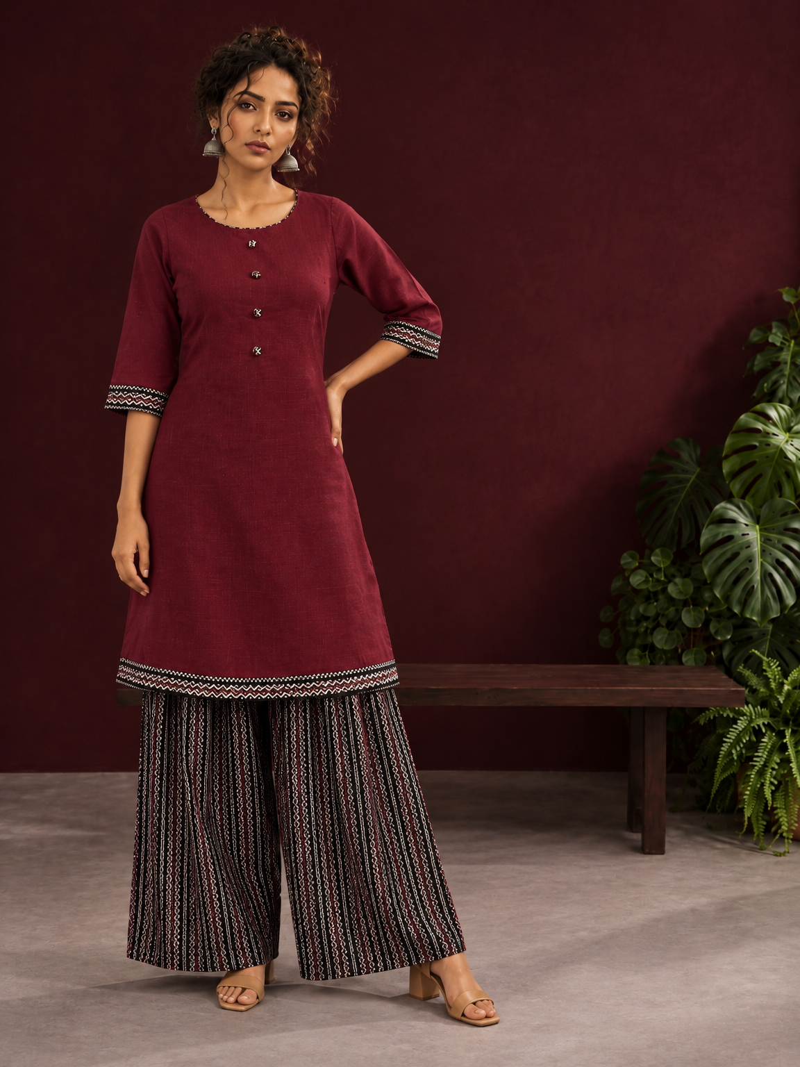 Timeless Maroon Ajrakh Cotton Co-Ord Set with Contrast Printed Border Tunic & Matching Geometric Pattern Farshi S — side view