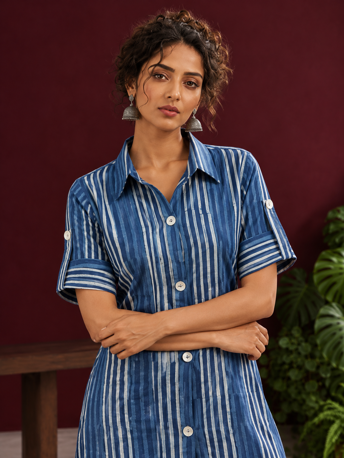 Indigo Blue Striped Cotton Shirt Tunic Co-ord Set with Navy Blue Straight Cotton Pant — styled view