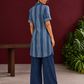 Indigo Blue Striped Cotton Shirt Tunic Co-ord Set with Navy Blue Straight Cotton Pant — back view