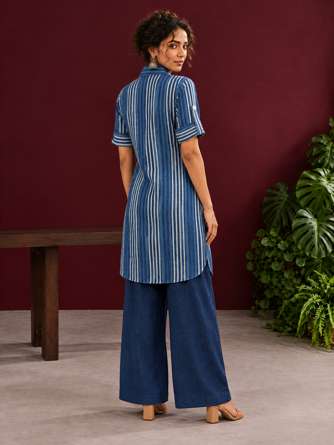 Indigo Blue Striped Cotton Shirt Tunic Co-ord Set with Navy Blue Straight Cotton Pant — back view