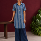 Indigo Blue Striped Cotton Shirt Tunic Co-ord Set with Navy Blue Straight Cotton Pant — front view