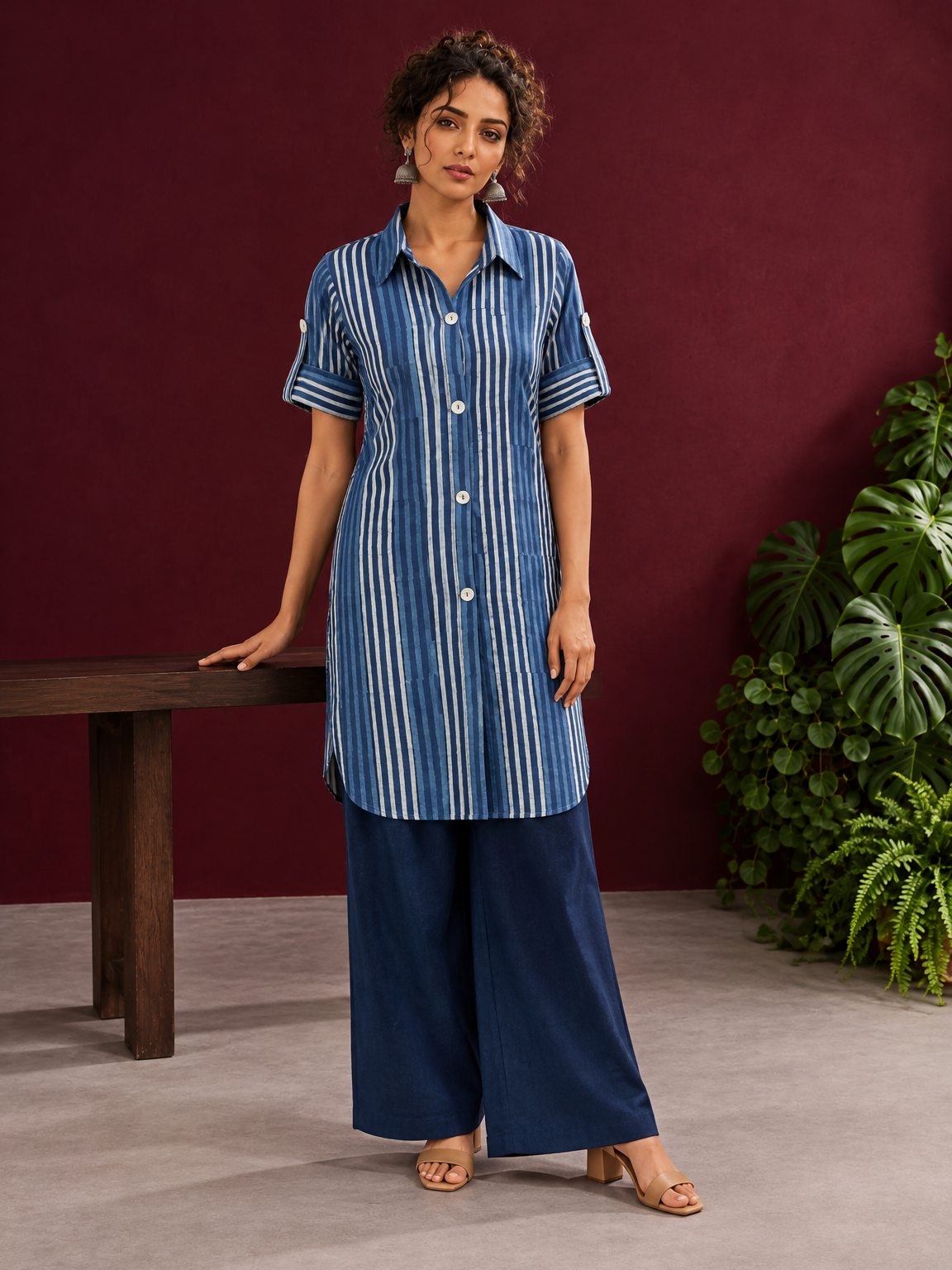 Indigo Blue Striped Cotton Shirt Tunic Co-ord Set with Navy Blue Straight Cotton Pant — front view