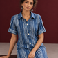 Indigo Blue Striped Cotton Shirt Tunic Co-ord Set with Navy Blue Straight Cotton Pant — seated detail