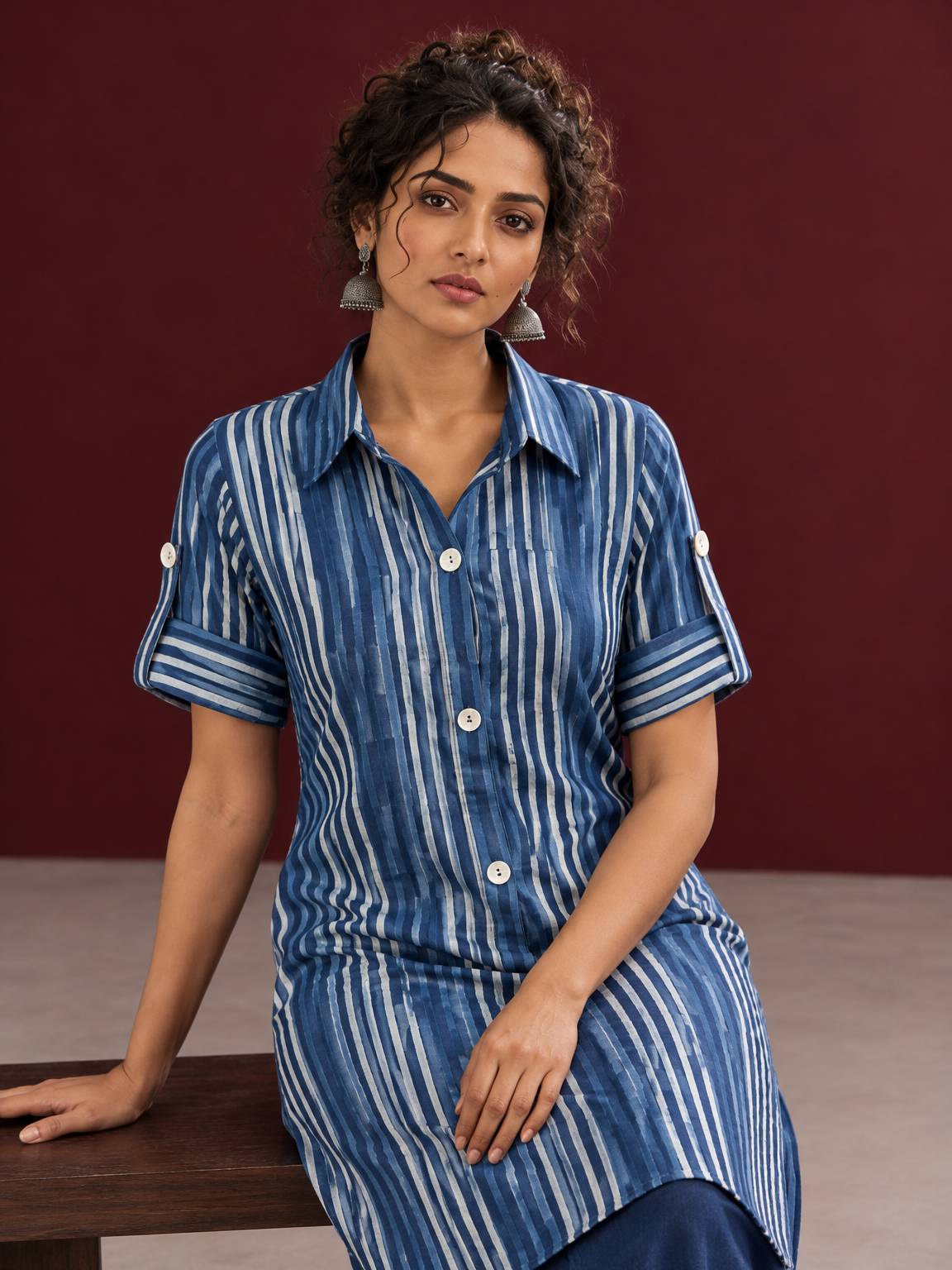 Indigo Blue Striped Cotton Shirt Tunic Co-ord Set with Navy Blue Straight Cotton Pant — seated detail