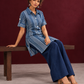 Indigo Blue Striped Cotton Shirt Tunic Co-ord Set with Navy Blue Straight Cotton Pant — seated