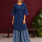 Navy Blue Cotton Keyhole Neckline Tunic Co-ord Set with Indigo Striped Palazzo — front view