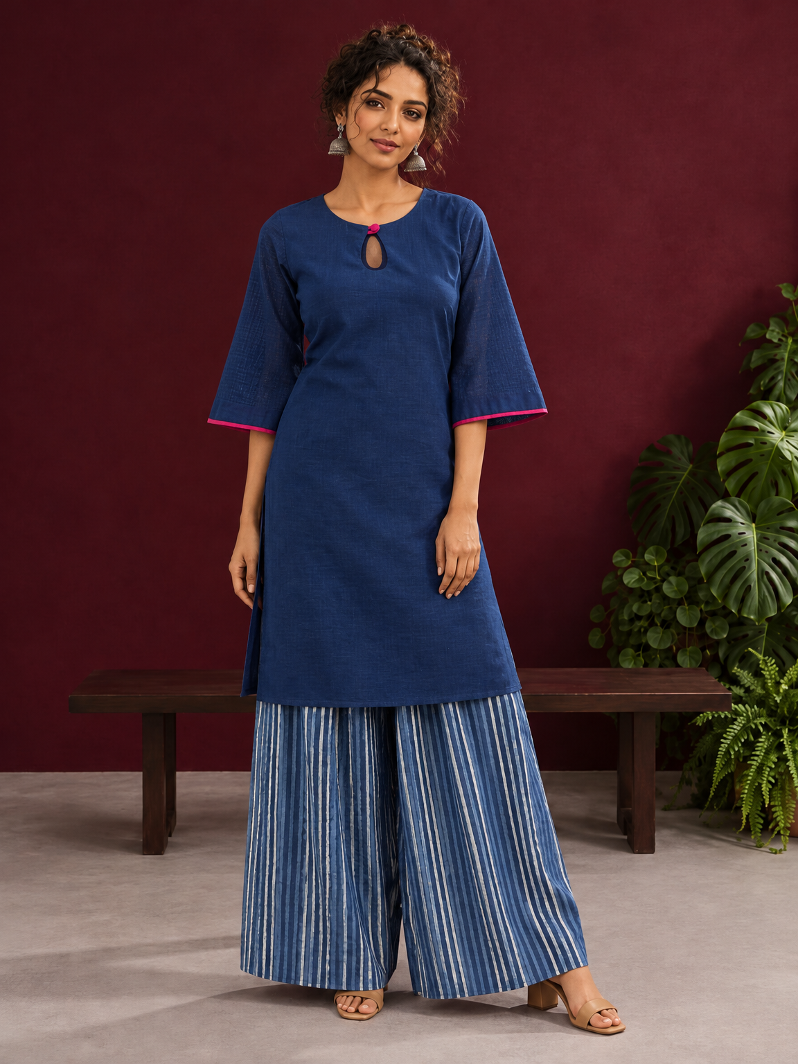Navy Blue Cotton Keyhole Neckline Tunic Co-ord Set with Indigo Striped Palazzo — front view