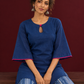 Navy Blue Cotton Keyhole Neckline Tunic Co-ord Set with Indigo Striped Palazzo — seated detail