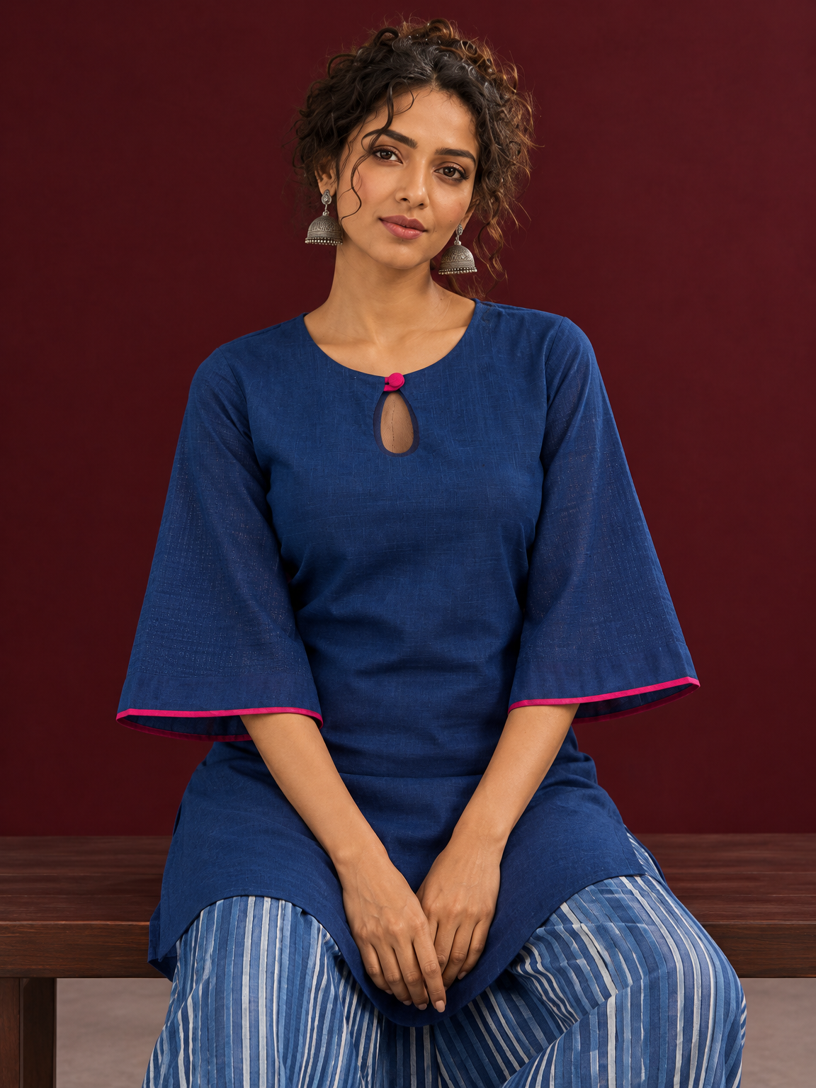 Navy Blue Cotton Keyhole Neckline Tunic Co-ord Set with Indigo Striped Palazzo — seated detail