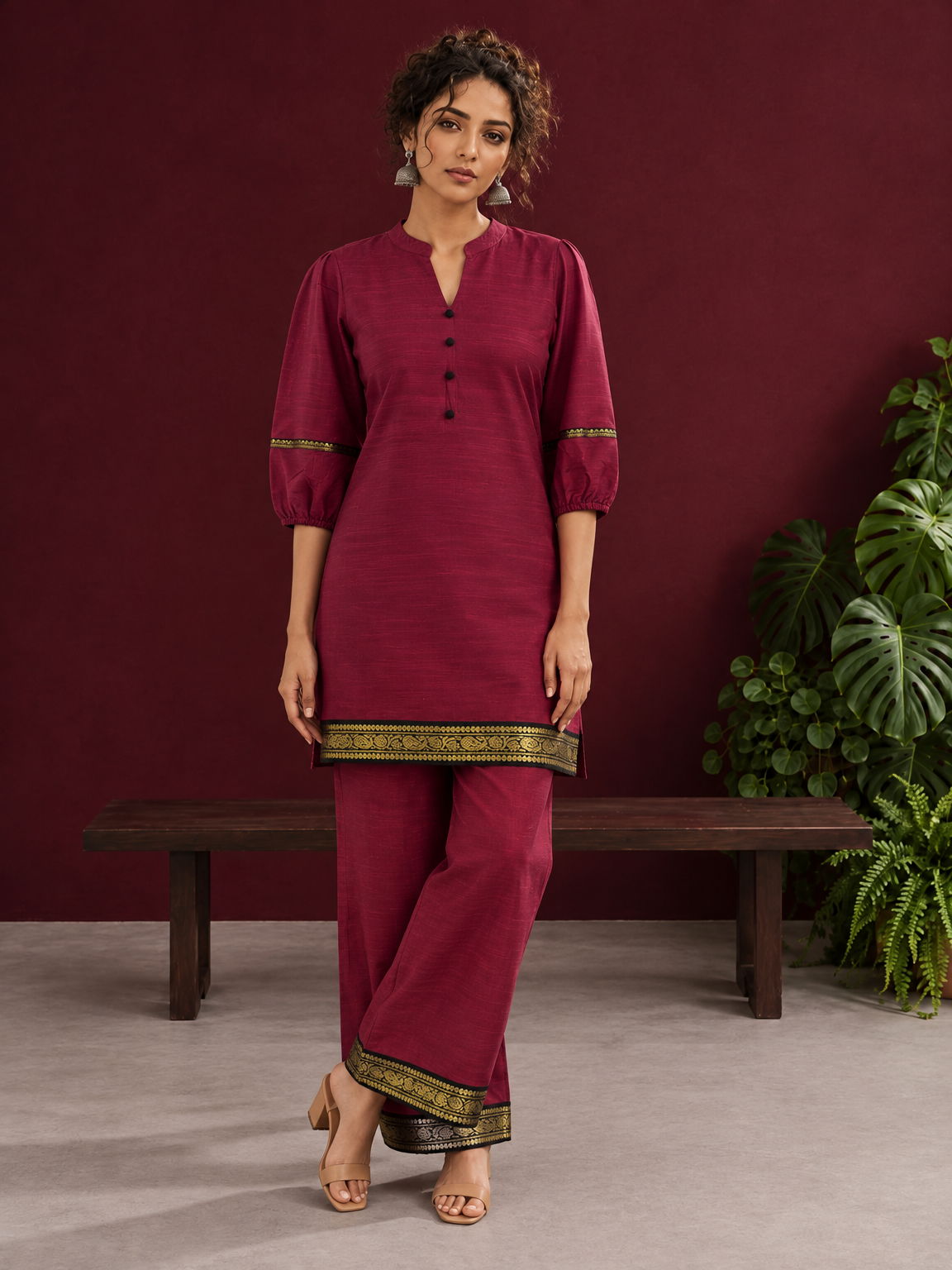 Elegant Maroon Silk Co-Ord Set with Contrast Black & Gold Border Detailing on Hem and Sleeves — front view