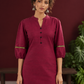 Elegant Maroon Silk Co-Ord Set with Contrast Black & Gold Border Detailing on Hem and Sleeves — styled view