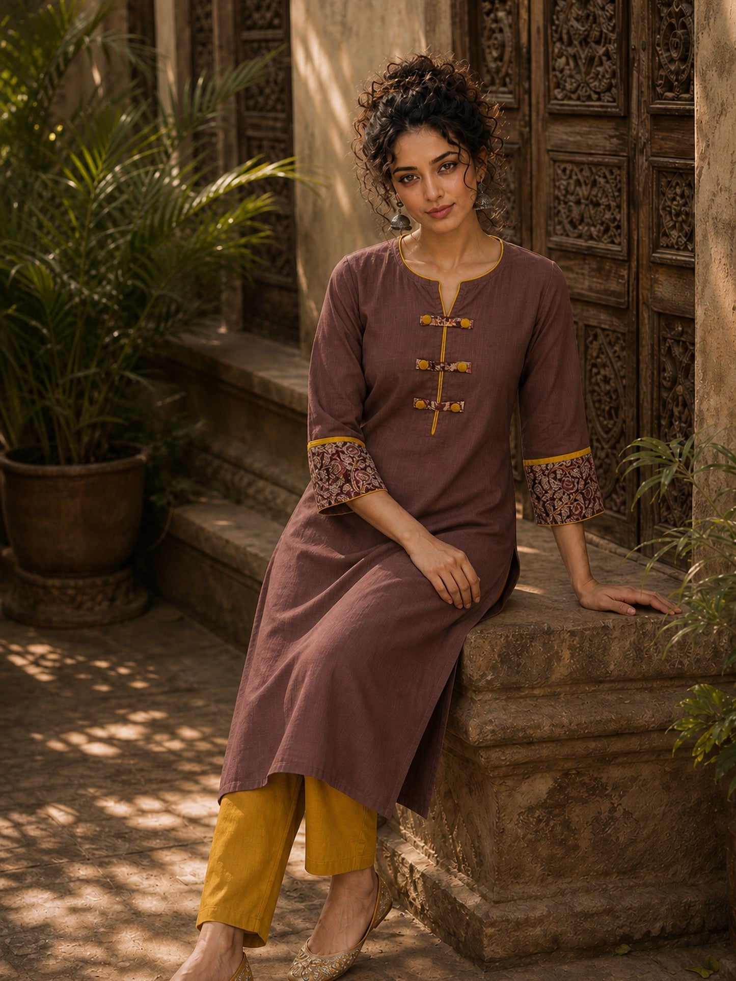 Earthy Brown Cotton Kurta with Statement Kalamkari Block Print Cuffs & Mustard Piping