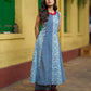 Indigo Alternating Kali Kurta with Floral & Zigzag Prints, Maroon Accents and Handcrafted Mirror Work