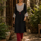 Black Cotton Kurta with Ajrakh Printed Yoke & Matching Cuffs with Minimal Embellishment