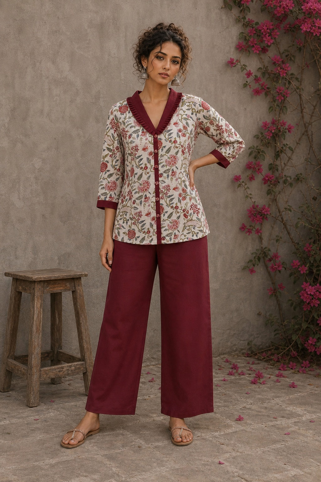 Soft white floral cotton top finished with maroon cuffs, pleated collar, and delicate feminine elegance.