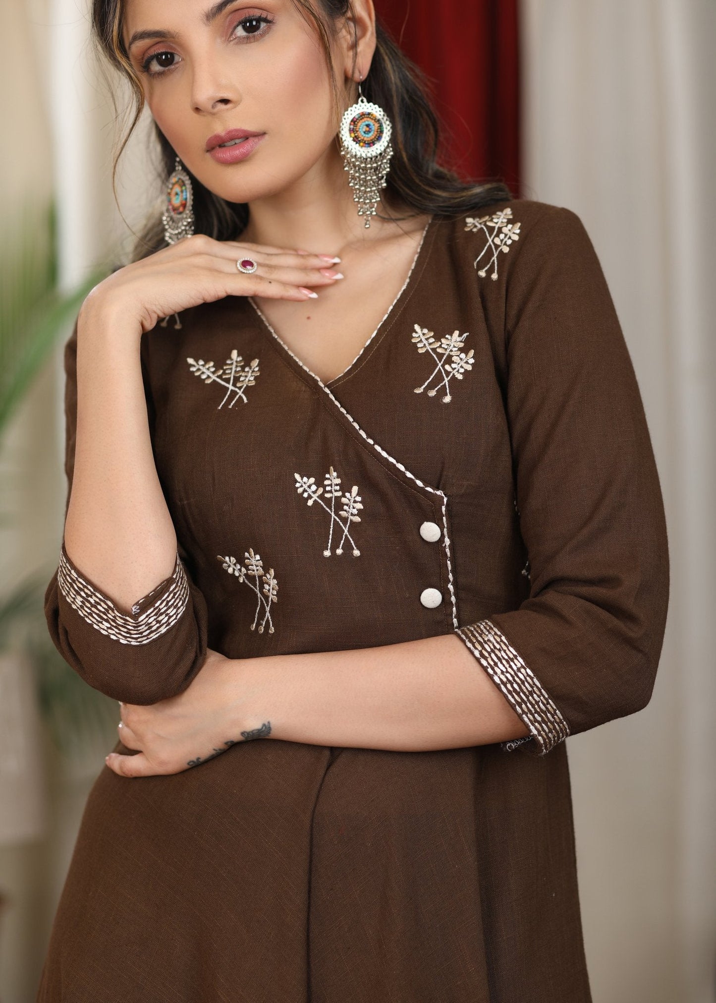 Elegant henna brown cotton flare dress with intricate embroidery