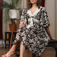 Floral print V neck gathered dress with attached belt and coin embellishments